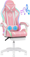 HOFFREE Gaming Chair Massage with Bluetooth Speakers Ergonomic Computer Gaming Chair with LED RGB Lights Footrest High Back Music Video Game Chair with Lumbar Support White and Pink