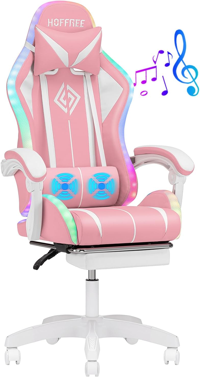 HOFFREE Gaming Chair Massage with Bluetooth Speakers Ergonomic Computer Gaming Chair with LED RGB Lights Footrest High Back Music Video Game Chair with Lumbar Support White and Pink