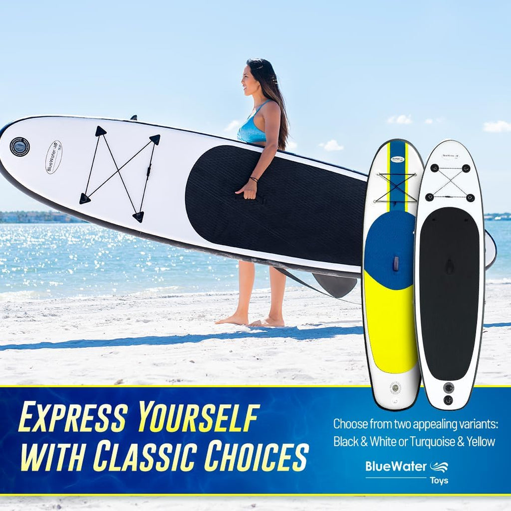 Blue Water Toys Portable Inflatable Stand Up Paddle Board Kit | 11ft x 34in Nylon & Mesh Inflatable Paddle Board with 100% UV-Resistant EVA Pad, Pump, Backpack, Coil Leash & Repair Kit (Black/White)