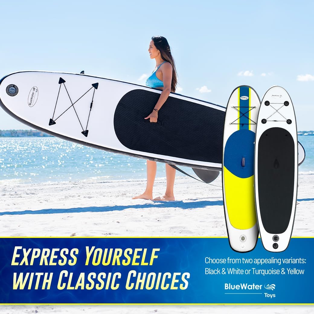 Blue Water Toys Portable Inflatable Stand Up Paddle Board Kit | 11ft x 34in Nylon & Mesh Inflatable Paddle Board with 100% UV-Resistant EVA Pad, Pump, Backpack, Coil Leash & Repair Kit (Black/White)