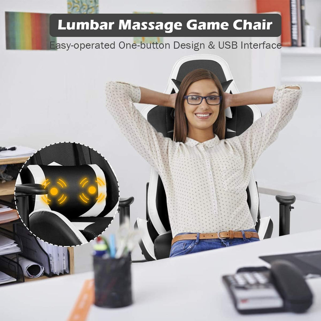 Goplus Massage Gaming Chair, Reclining Backrest, Handrails and Seat Height Adjustment Racing Computer Office Chair, High Back Ergonomic PU Leather Swivel PC Game Chair with Footrest