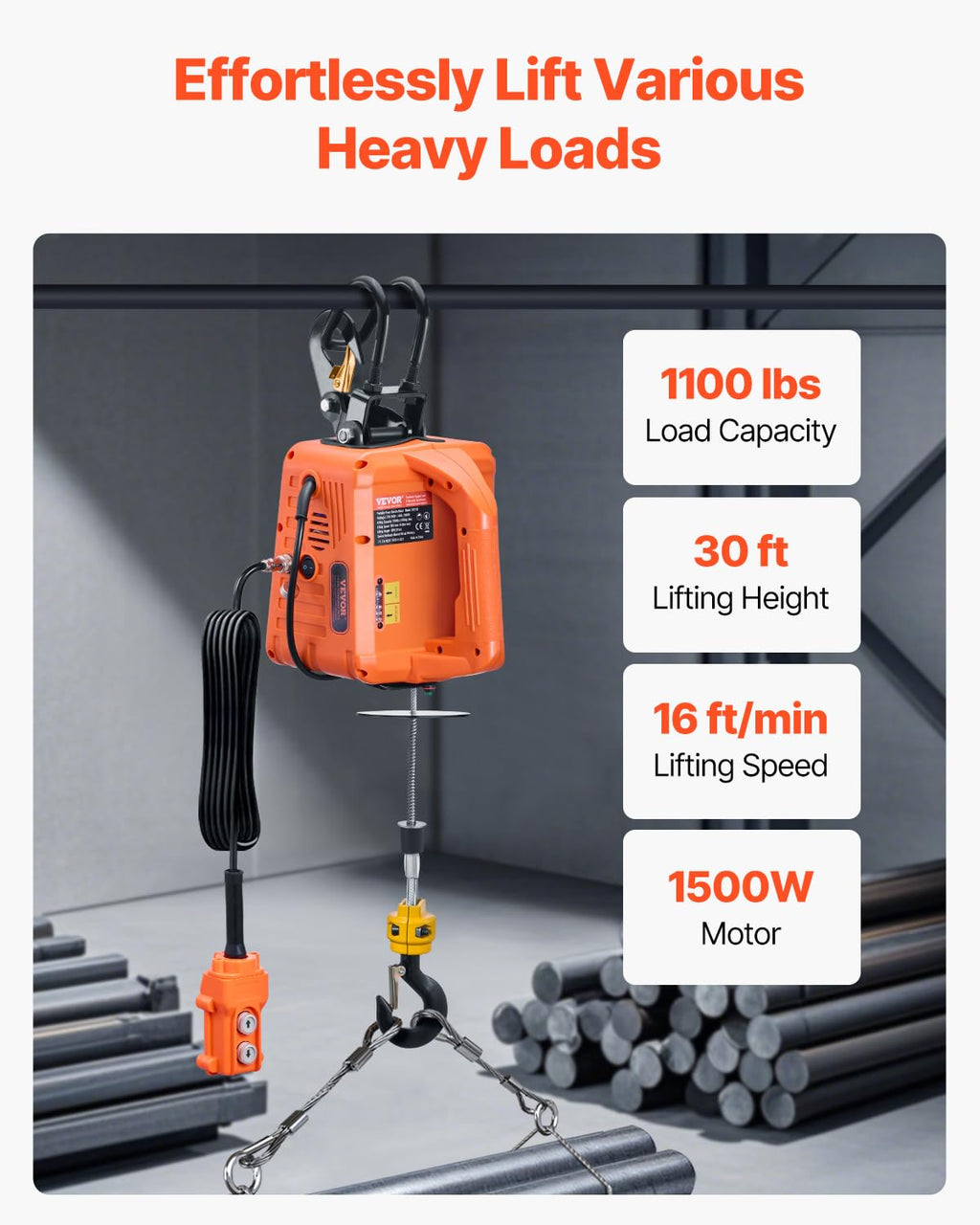 VEVOR 3-in-1 Electric Hoist Winch, 1100 lbs Capacity, 1500W Portable Power Winch, 30 ft Lifting Height, 16 ft/min with Wire and Wireless Remote Control, for Garage, Warehouse, Factory Lifting Towing