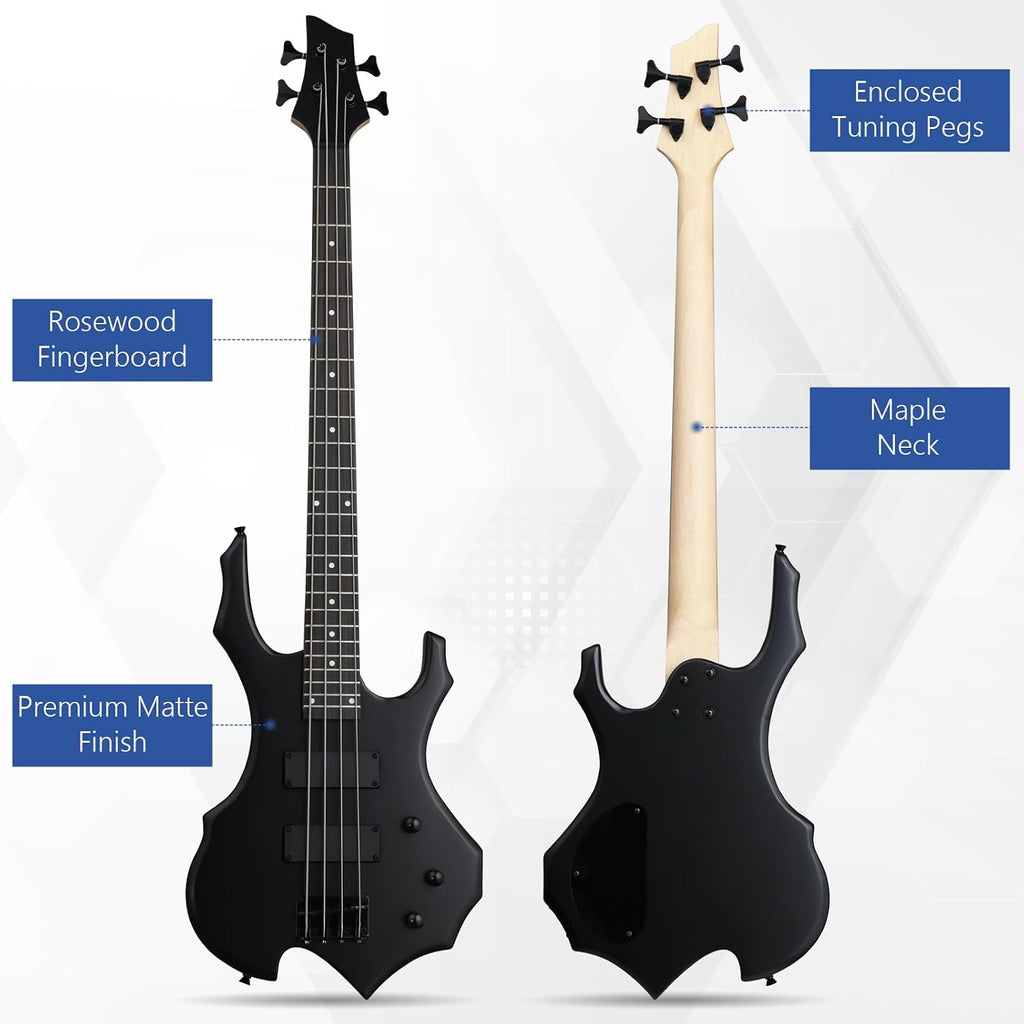 Ktaxon Electric Bass Guitar Full Size Flame Design Bass Set with 20 Watt Amplifier, Portable Bass Bag, Superior Amp Wire, Adjustable Guitar Strap, Plectrum, Wrench Tool(Matte Black)