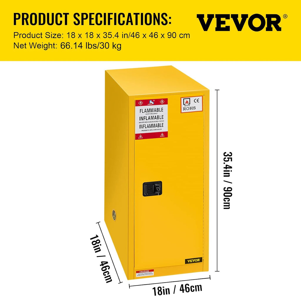 VEVOR Flammable Cabinet 18' x 18' x 35', Galvanized Steel Safety Cabinet, Adjustable Shelf Flammable Storage Cabinet, for Commercial Industrial and Home Use, Yellow: Industrial & Scientific