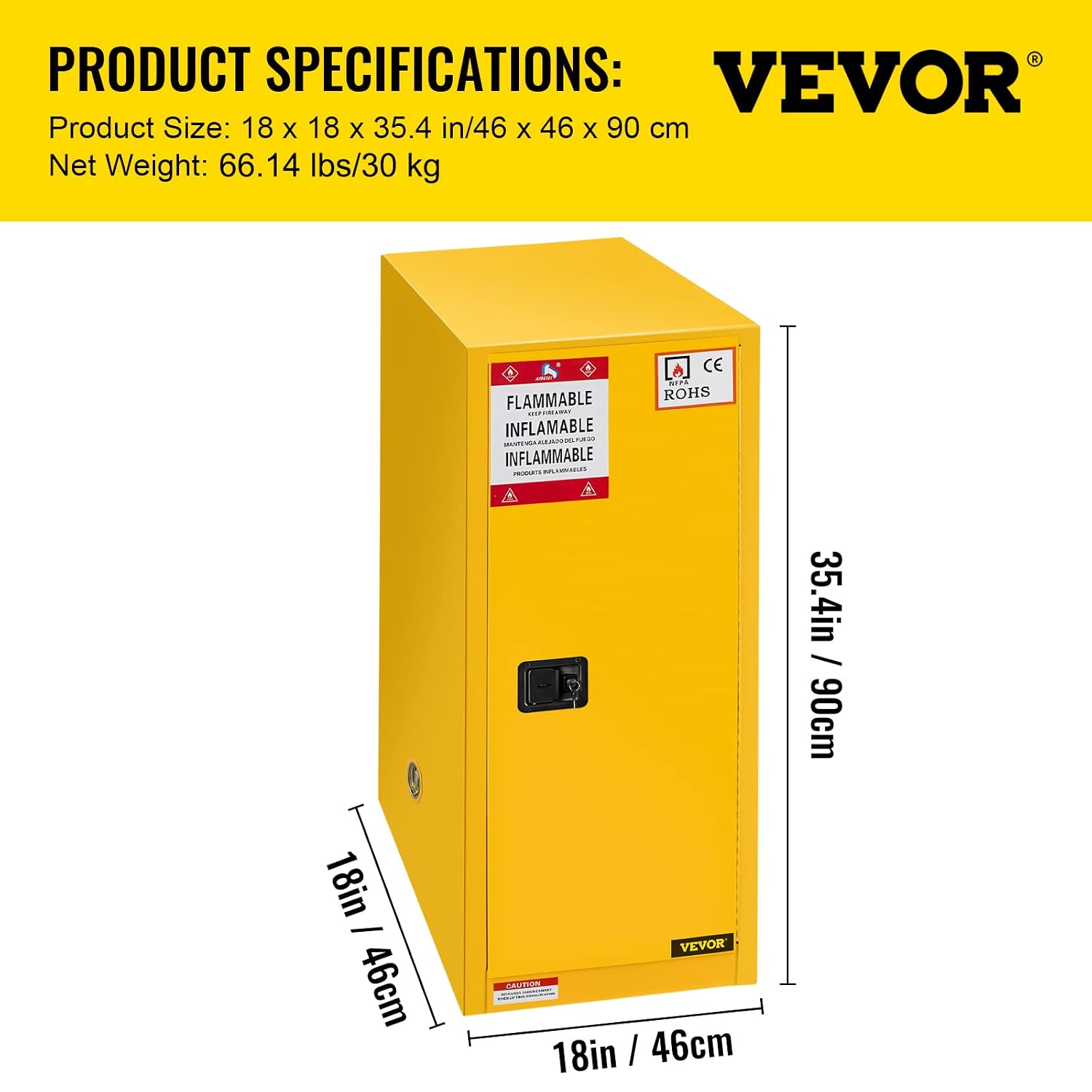 VEVOR Flammable Cabinet 18' x 18' x 35', Galvanized Steel Safety Cabinet, Adjustable Shelf Flammable Storage Cabinet, for Commercial Industrial and Home Use, Yellow: Industrial & Scientific