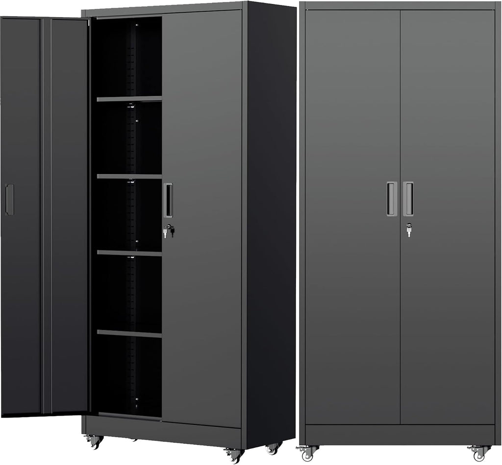Pataku 73' Metal Storage Cabinet with Wheels, Garage Storage Cabinet with 4 Adjustable Shelves & Lockable Doors for Garage Home Office, Heavy Duty Tool Cabinets