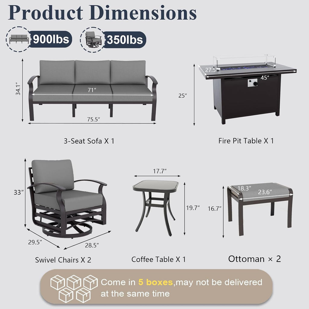 ALAULM Aluminum Patio Furniture Set with Propane Fire Pit Table 7-seat Metal Outdoor Furniture w/Swivel Chairs Patio Sectional Sofas w/2 Ottomans for Porch, Backyard, Poolside-Grey