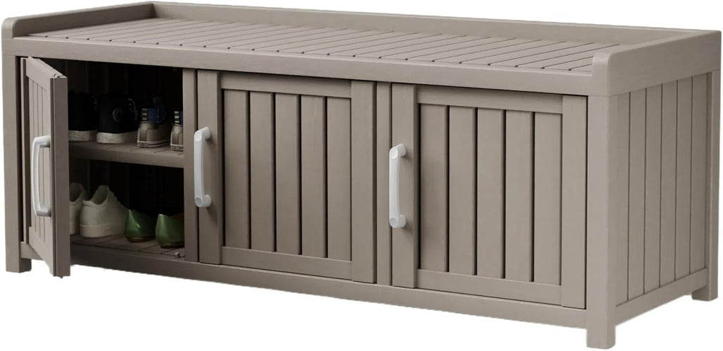 Shoe Bench - Waterproof Resin Storage Bench with Adjustable Shelves - Indoor & Outdoor Use, 3 Doors Entryway Bench with Hidden Storage Space - Storage Cabinet for Bedroom, Hallway, Grey