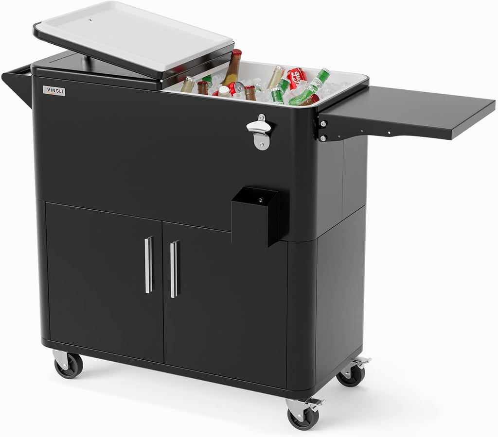 VINGLI Patio Cooler, Ice Chest with Storage Cabinet, Bottle Opener Drainage, Outdoor Cooler for Party, Deck, Pool