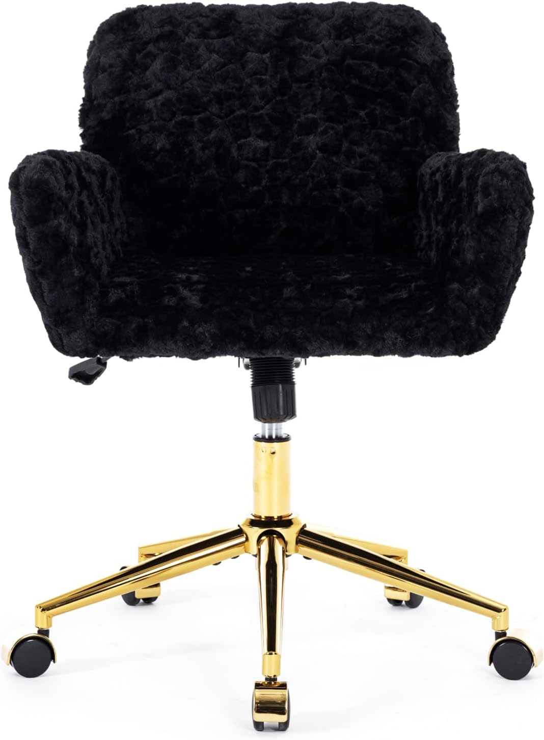 Shenyon Black Office Chair Faux Fur Vanity Chair, Comfortable Home Office Desk Chairs with Wheels and Arms, Swivel Wide Office Chair Makeup Chair Height Adjustable for Office, Study, Bedroom, Black