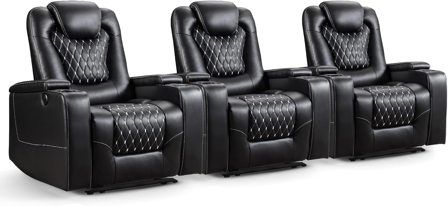 ANJ Power Recliner Chair Set of 3, Electric Soft Faux Leather Reclining Home Faux Theater Seating - USB Ports, Cup Holders, Hidden Arm Storage Movie & Media Room Chairs (Black)