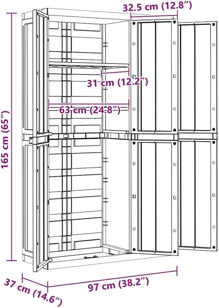 vidaXL Outdoor Storage Cabinet - Weather-Resistant Polypropylene/PP, Adjustable Shelves, Lockable, Compact Design for Garden/Balcony/Patio, Grey & Black, 38.2' x 14.6' x 65'
