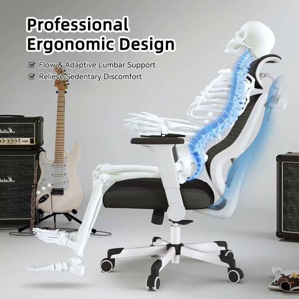 Ergonomic Office Chair Reclining Gaming Chair Adjustable Lumbar Support 6D Armrest Headrest Breathable Mesh Swivel Computer Chairs Home Task Desk Chair Wheels Coat Hanger Tilt Lock Cross Legged Chair