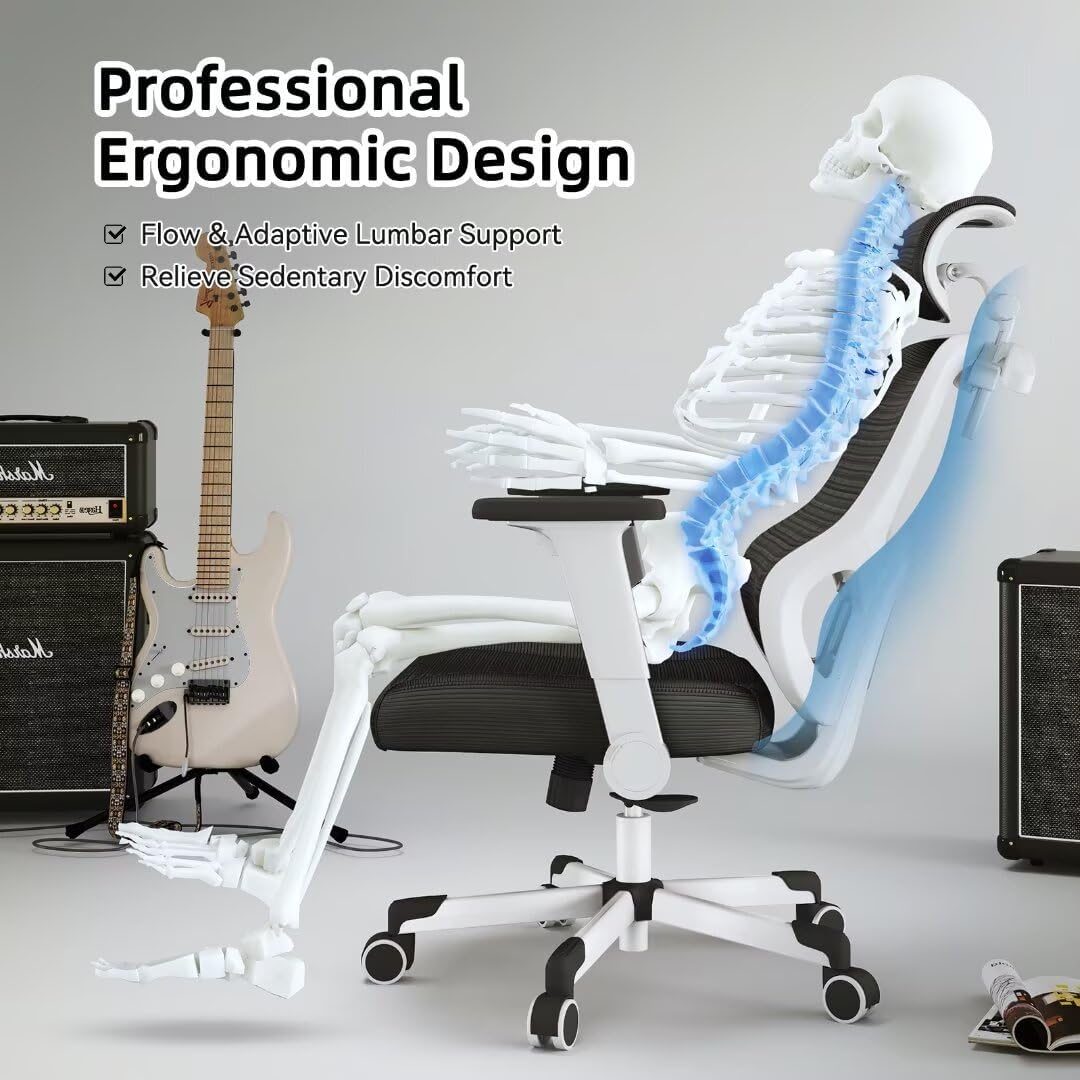 Ergonomic Office Chair Reclining Gaming Chair Adjustable Lumbar Support 6D Armrest Headrest Breathable Mesh Swivel Computer Chairs Home Task Desk Chair Wheels Coat Hanger Tilt Lock Cross Legged Chair