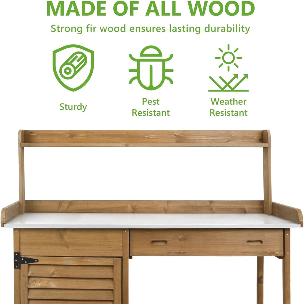 PetsCosset Garden Potting Benche Table Outdoor Wooden Work Station W/Metal Table top,Cabinet,Drawer,Large Bottom Shelf,Open Shelf Natural Wood-Brown-Brown