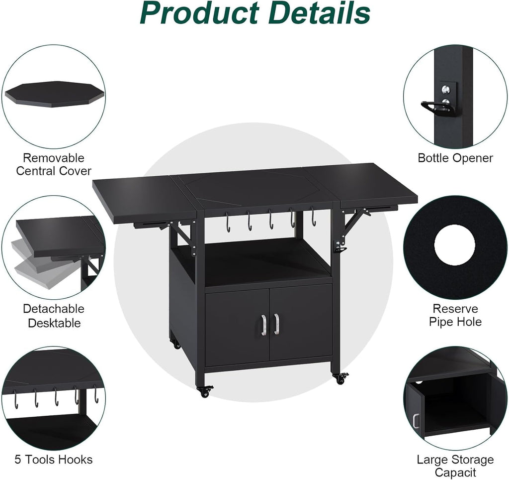 59' L Outdoor Grill Table for Big Green Egg Accessories, Heavy Duty Metal Cart Prep Table with Detachable Desktable, Hooks, Removable Central Cover, Compatible with Egg Grill and Tabletop Griddle