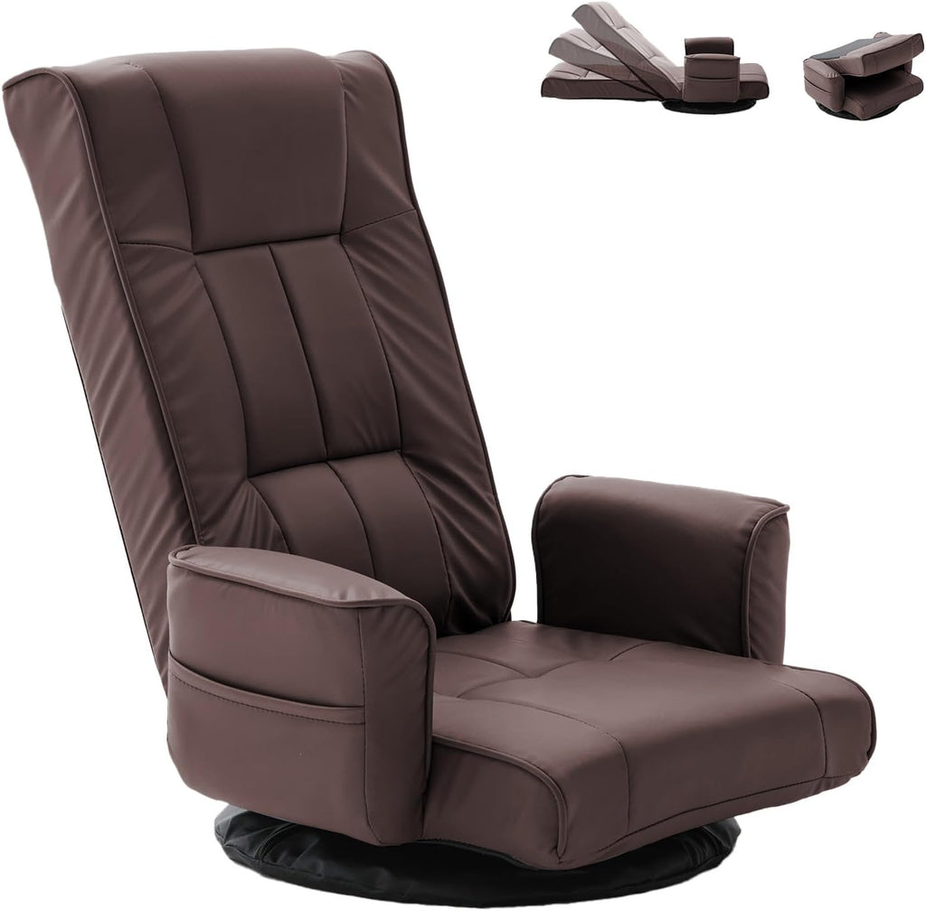 360° Swivel Floor Chair with Armrests, 14-Position Adjustable Floor Lounger for Adults, Folding Padded Floor Seat with Backrest for Gaming, Reading & Living Room (Brown)