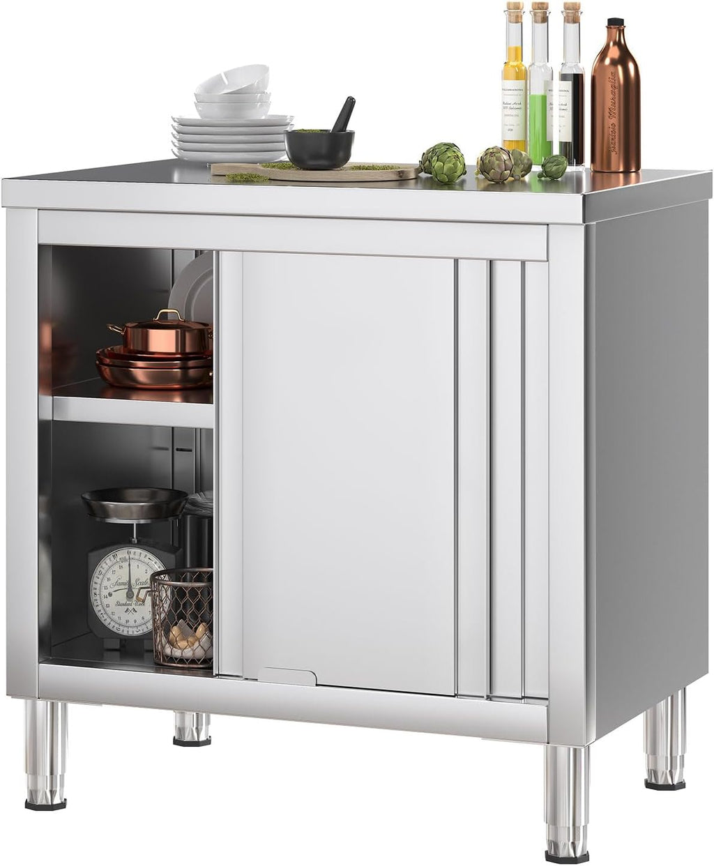 Stainless Steel Work Table with Cabinet 31'x20',Commercial Kitchen Workbench with Sliding Doors for Prep Work, Heavy Duty Prep Table for Restaurant,Garage,Warehouse