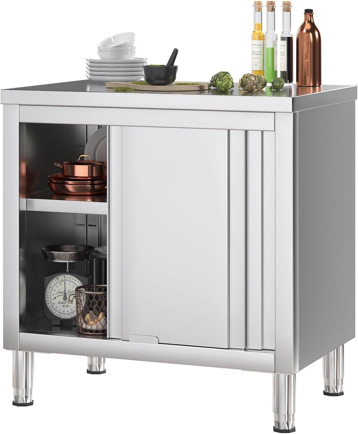 Stainless Steel Work Table with Cabinet 31'x20',Commercial Kitchen Workbench with Sliding Doors for Prep Work, Heavy Duty Prep Table for Restaurant,Garage,Warehouse