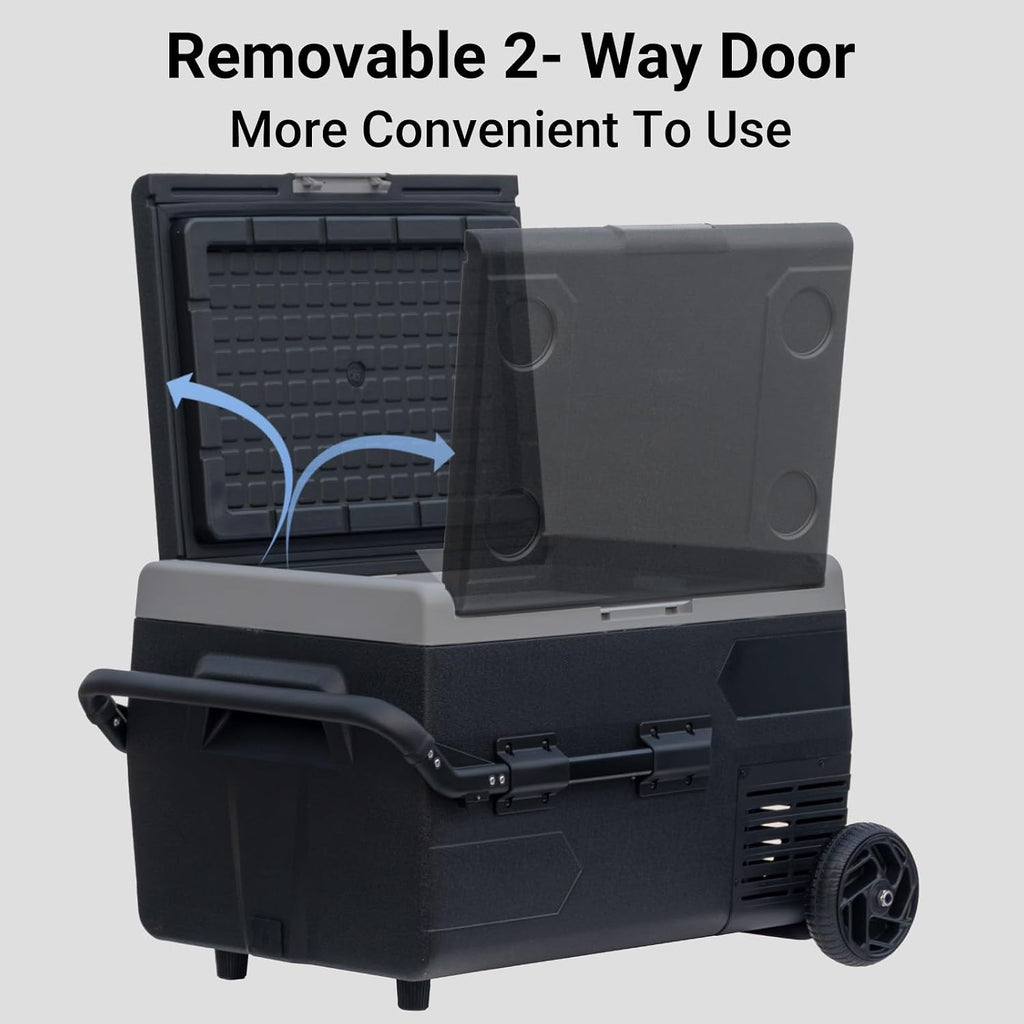 12Volt Car Refrigerator, 50L Portable Freezer/Fridge, DC 12V/24V Camping Cooler with wheels, -4℉~68℉, Basket, Compact Refrigerator for Outdoor, RV, Boat, Travel, Multi-directional Lid, Black