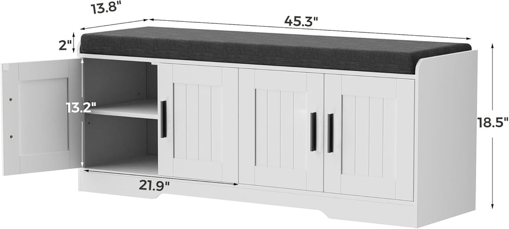 Homleke 2-Tier Storage Bench, Shoe Bench with Thickened Padded Seat Cushion, Entryway Bench with 4 Doors, Adjustable Shelf, 13.8' D x 45.3' W x 18.5' H, for Entryway, Living Room, Bedroom, White