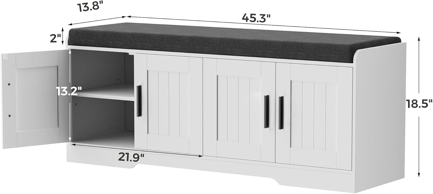 Homleke 2-Tier Storage Bench, Shoe Bench with Thickened Padded Seat Cushion, Entryway Bench with 4 Doors, Adjustable Shelf, 13.8' D x 45.3' W x 18.5' H, for Entryway, Living Room, Bedroom, White