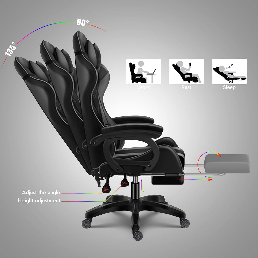 RGB Gaming Chair with Speakers and Massage, Racing Computer Chair with Massage and Footrest for Office or Gaming. (Black+White)