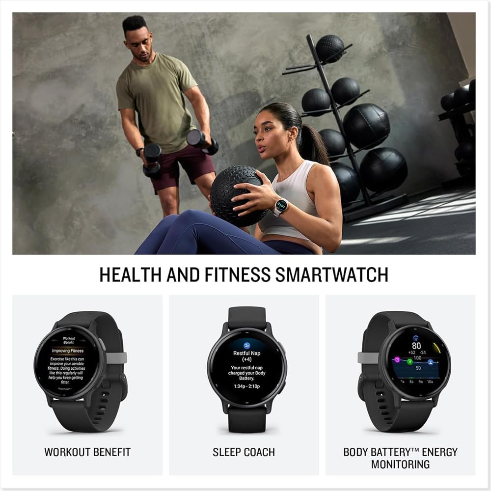 Garmin 010-02862-12 Vivoactive 5 Fitness Smartwatch, Navy | Official USA Partner Model | Bundle with Workout Cooling Sport Towel and Deco Essentials Wearable Commuter Front and Rear Safety Light