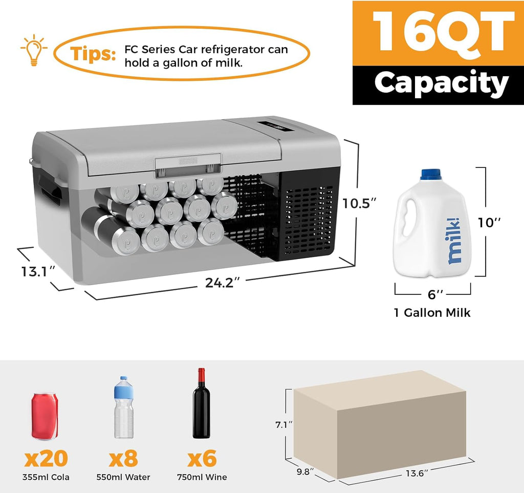 Setpower FC15 Portable 12v Refrigerator, -4℉-68℉ Fast Cooling Car Refrigerator, 15L/15.8Qt Car Fridge Portable Freezer with 12/24V DC & 110/240V AC, Electric Cooler (Black&Grey, 15L With AC Adapter)