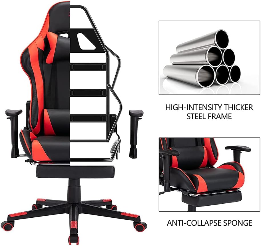 LED Gaming Chair with Speakers, Seven-points Massage Computer Chair with Footrest,Ergonomic Racing Office Chair PU Leather Recliner 360°Swivel Gamer Chair with Lumbar Support Headrest Armrest,White