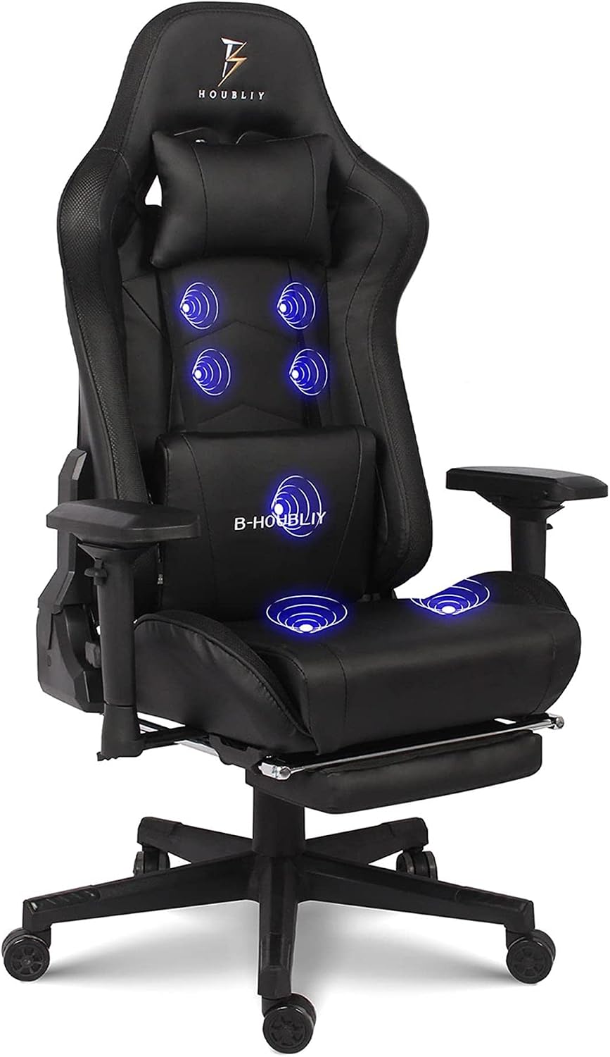 Massage Gaming Chairs with Footrest Video Game Chairs with Speakers and RGB Lights, Ergonomic High Back Computer Chair with Lumbar Support and 4D Handrail PU Leather Gaming Recliner Chair,Black