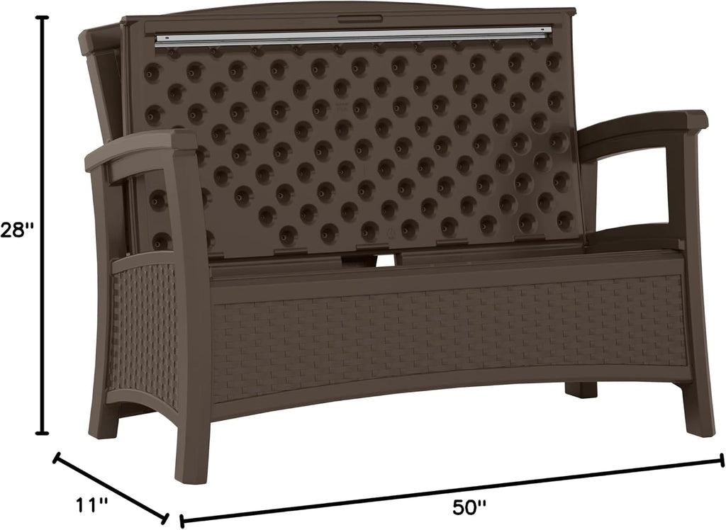 Suncast Outdoor Wicker Love Seat with 23-Gallon Storage, Comfortable Seating for Two, Ergonomic Back Support, All-Weather Furniture for Patio, Deck, and Garden, Java, Made in The USA