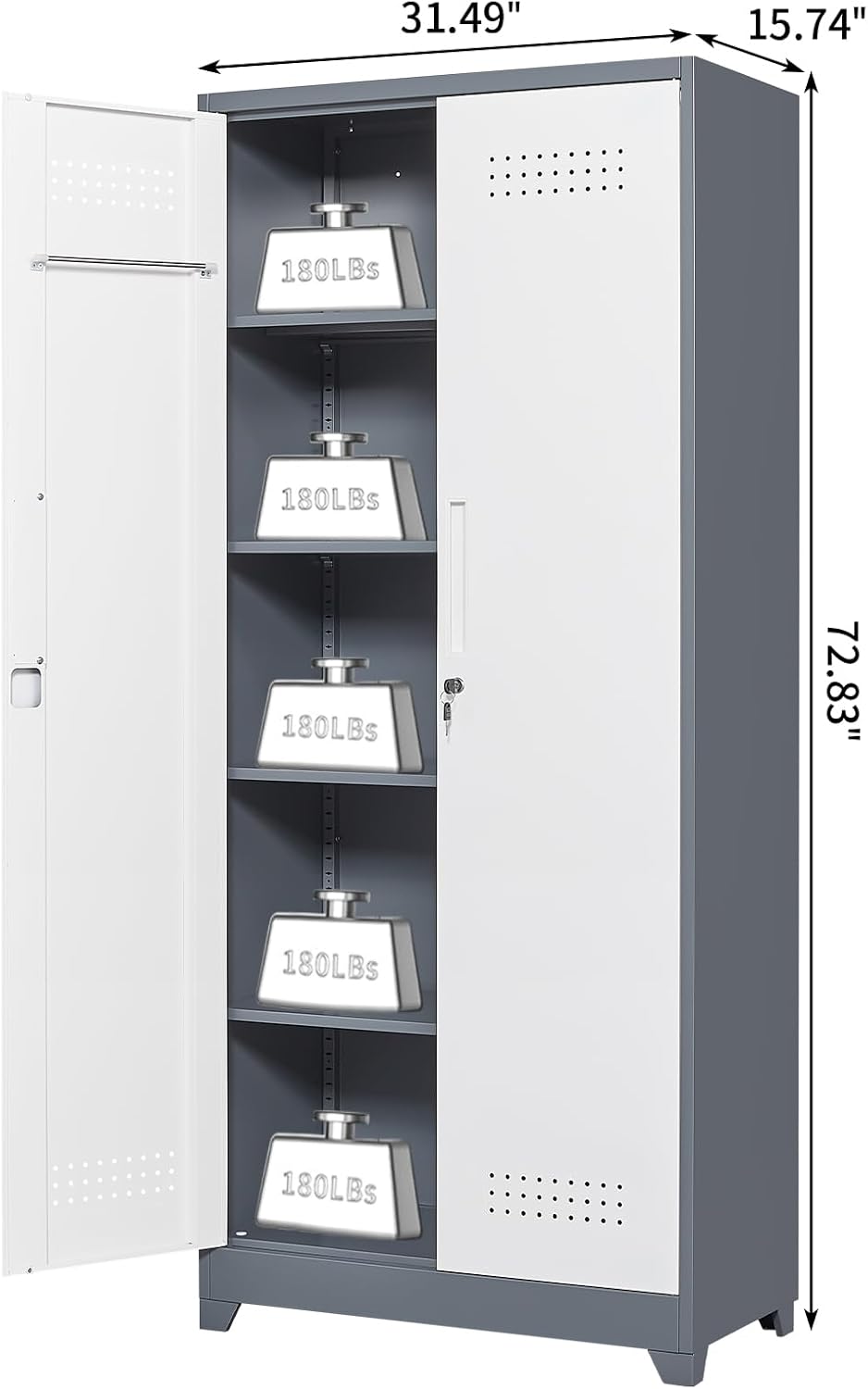 Broom Storage Cabinet, Metal Cabinet with Shelves and Hanging Rod, 72.8' Utility Cabinets with Locking Door, Tall Cleaning Storage for Kitchen, Pantry, Office, Shop, Garage