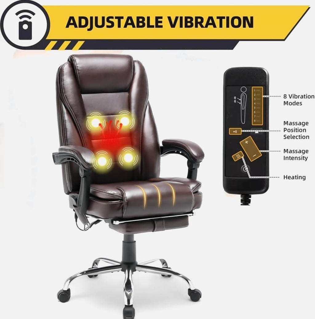 HOMREST 4-Point Massage Reclining Office Chair, Leather Heating Executive Chair, Ergonomic Home Office Desk Chair with Retractable Footrest,Computer Chair for Home Office, Study, Gaming (Brown)