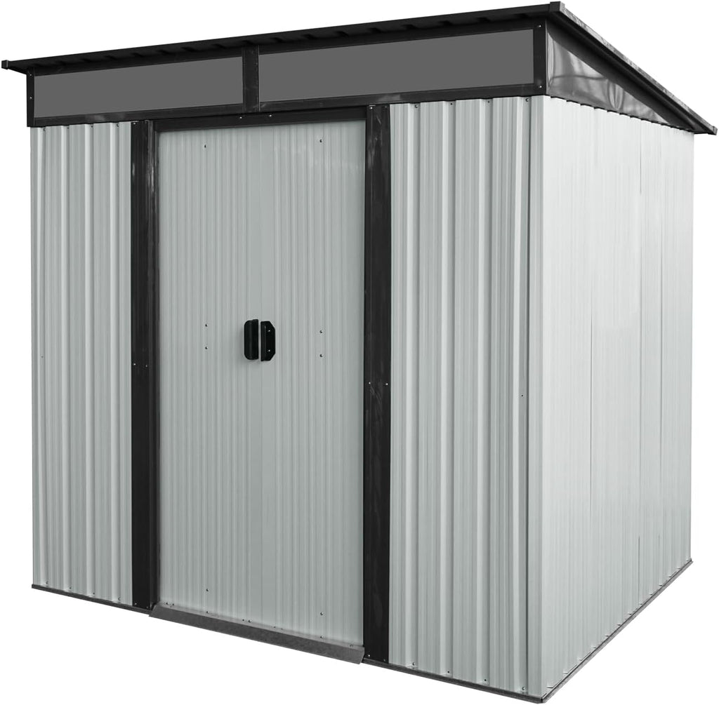 6x5 FT Outdoor Metal Storage Shed with Lockable Sliding Doors, Transparent Panels and Metal Foundation All-Weather Tool Shed for Garden, Lawn, Patio, and Backyard, White Black