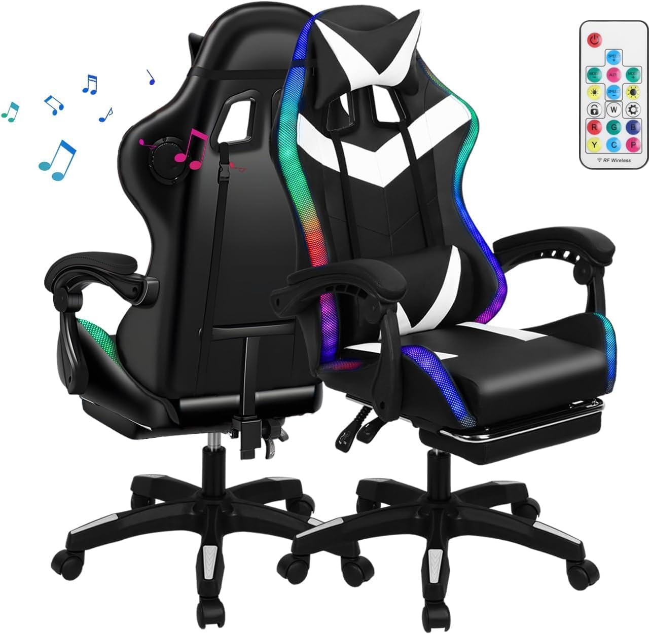 BENBOR Gaming Chair,Office Massage Computer Chair with Bluetooth Speaker,RGB LED Lights,Adjustable Height Swivel Task Chair with Footrest Lumbar Support,Video Game Chair for Adults (White)