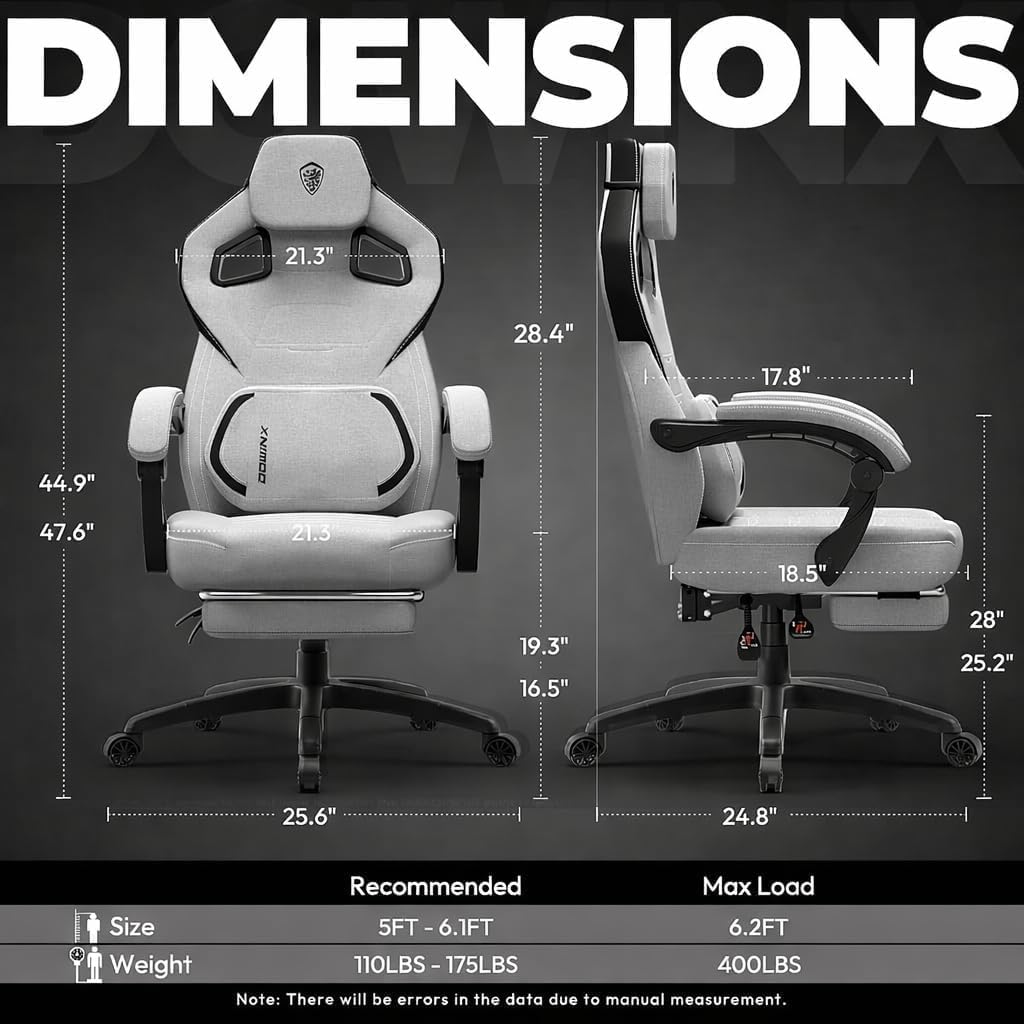Dowinx Fabric Gaming Chair with Footrest, 350lb Big and Tall Gamer Chair, Wide Seat Ergonomic Computer Chair with Lumbar Massage Support, Wide Back Office Chair for Heavy People, Grey