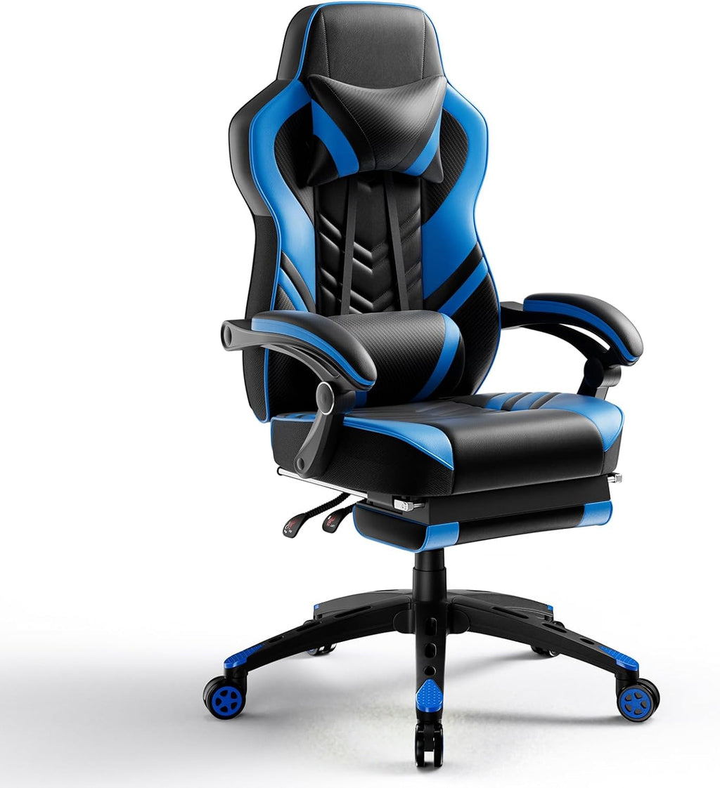 POWERSTONE Gaming Chair Video Game Chair with Footrest and Lumbar Support Racing Style PU Leather Computer Chair Ergonomic Adjustable Swivel Task Chair Blue
