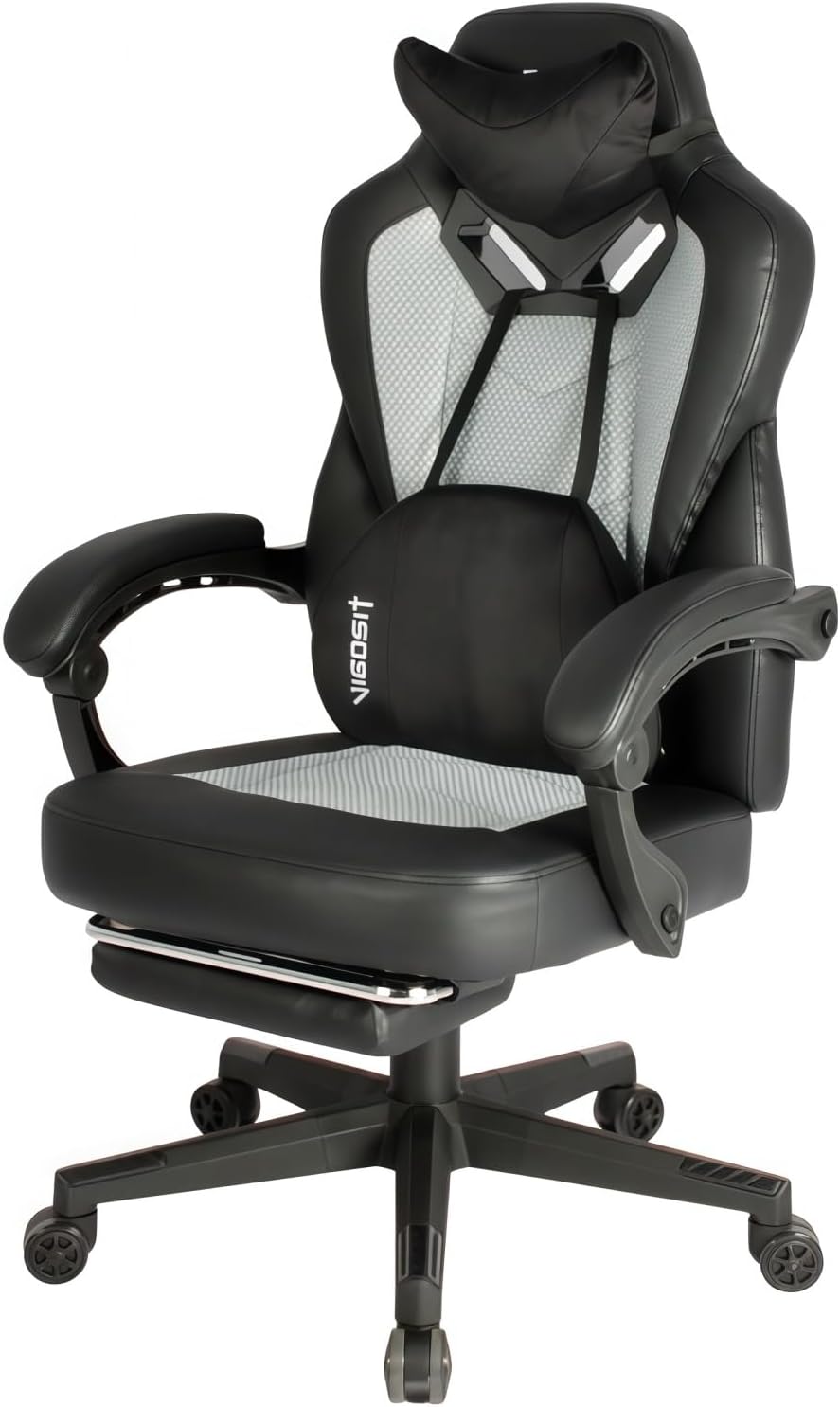 Vigosit Gaming Chair PRO, Ergonomic Gaming Chairs for Adults Heavy People, Massage Reclining Office Desk Computer Chair with Footrest and Lumbar Support, Big Tall Mesh Gamer Chair with Cushion (Grey)