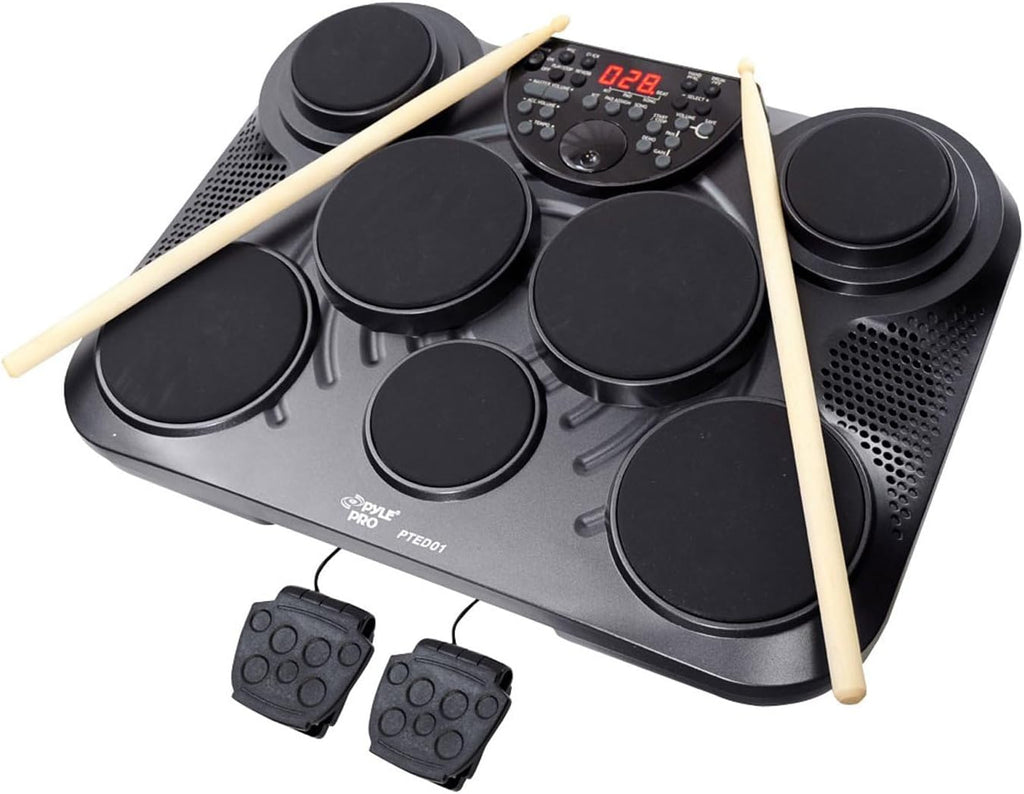 Pyle Electronic Tabletop Digital Drum Set, Compact Portable Drum Pad Kit w/ 8 Touch Sensitive Pads and Pedals, 600 Sounds, USB & Headphone Outputs, MIDI/AUX Inputs, 4x5' Drums & 4x3.5' Cymbals