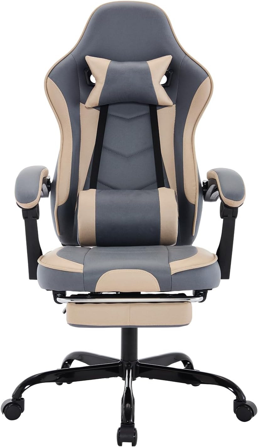 Gaming Chair with Footrest, Ergonomic Computer Chair with Headrest and Lumbar Support, Breathable Material Height Adjustable Swivel Video Game Chairs for Adults, 300lbs Max, Black & Beige