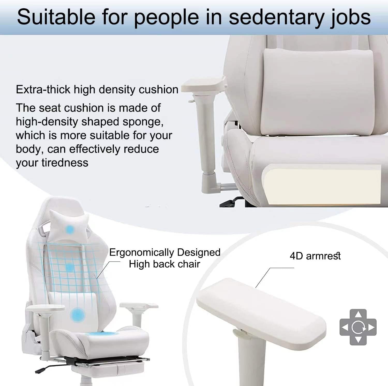 Gaming Chair for Office and Home, Footrest and Seat Height Adjustable Swivel Ergonomic Video Game Chair, Computer Chair with Headrest and Lumbar Support for Adults Big Man Women(White)