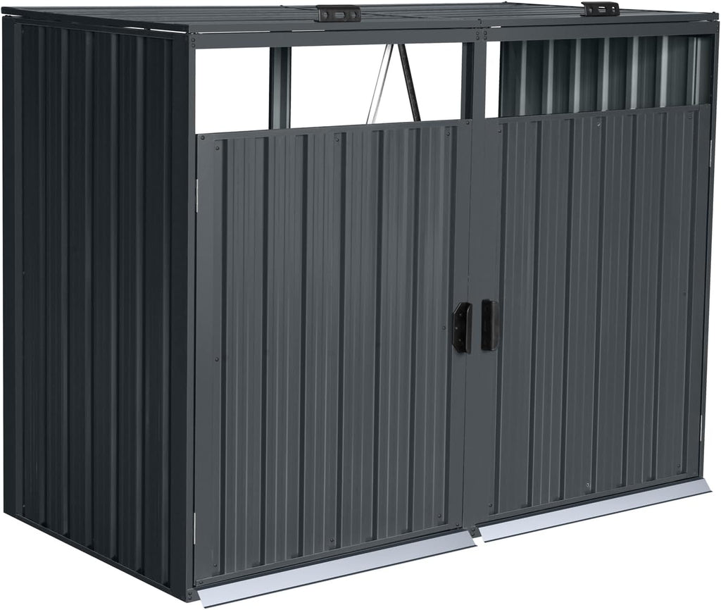 Outdoor Garbage Bin Storage Shed Galvanized Steel Outdoor for 2 Trash cans with Lockable Doors Metal Storage Shed for Garden Yard Lawn (Black-2)