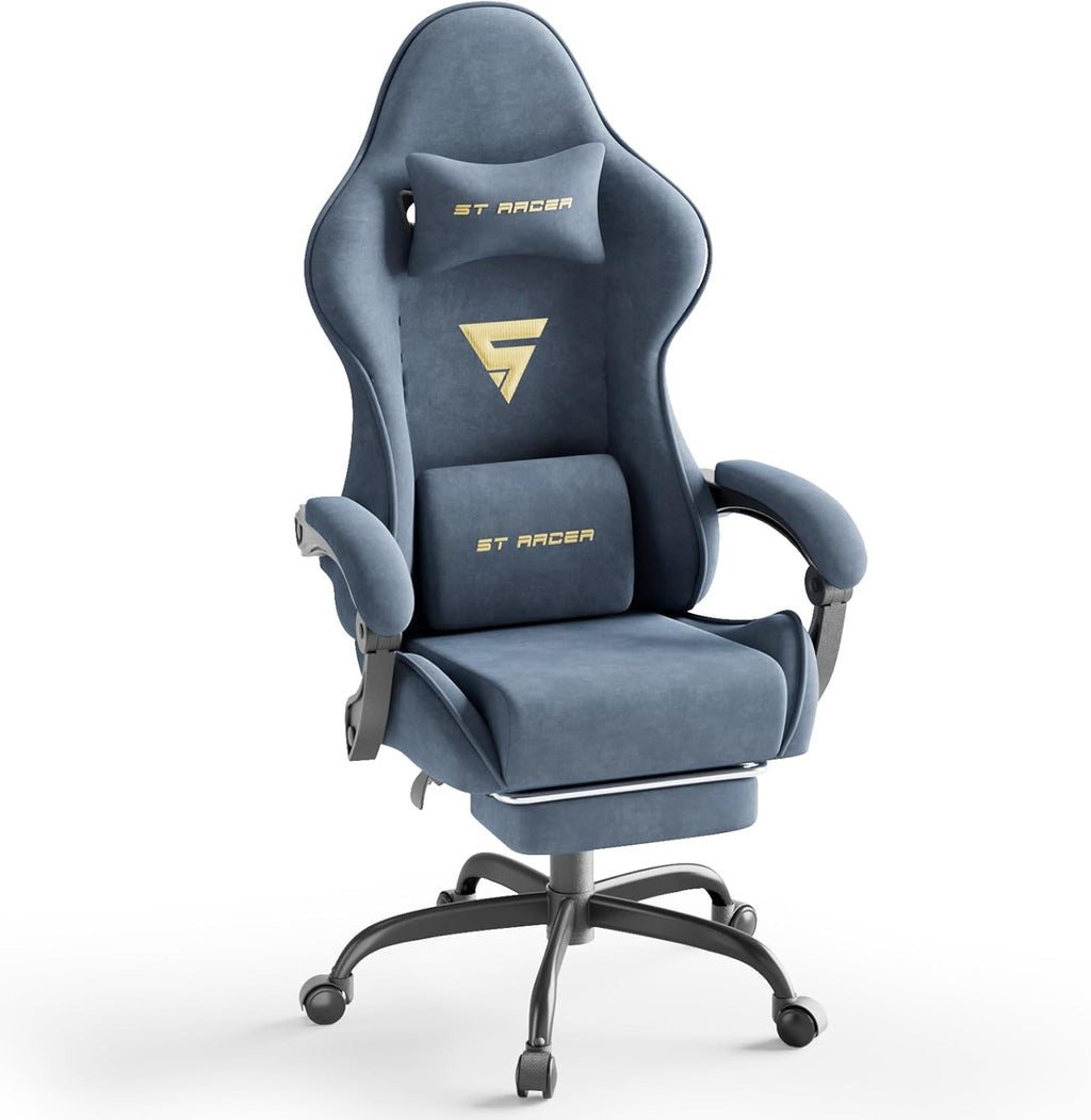 Soontrans Velvet Fabric Gaming Chair with Footrest, Comfortable Video Gamer Chair for Adult, Ergonomic Office Desk Game Computer Chairs with Massage Lumbar Cushion,Headrest