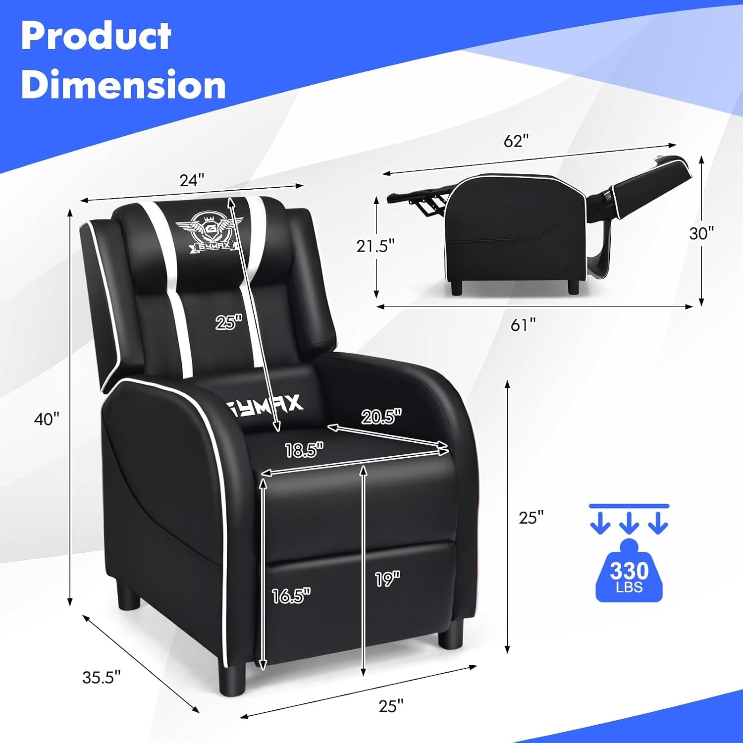 GYMAX Gaming Recliner, Massage Gaming Chair with Adjustable Backrest Footrest, Remote Control & Side Pocket, Ergonomic Game Lounge Chair, Racing Style Single Theater Seat Game Sofa for Adults (White)
