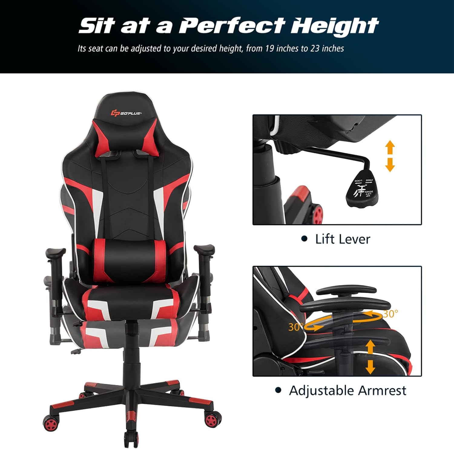 Massage Gaming Chair, High Back Office Computer Chair with Headrest and Lumbar Support, Racing Style Reclining Swiveling Game Chair for Home Office (Red)