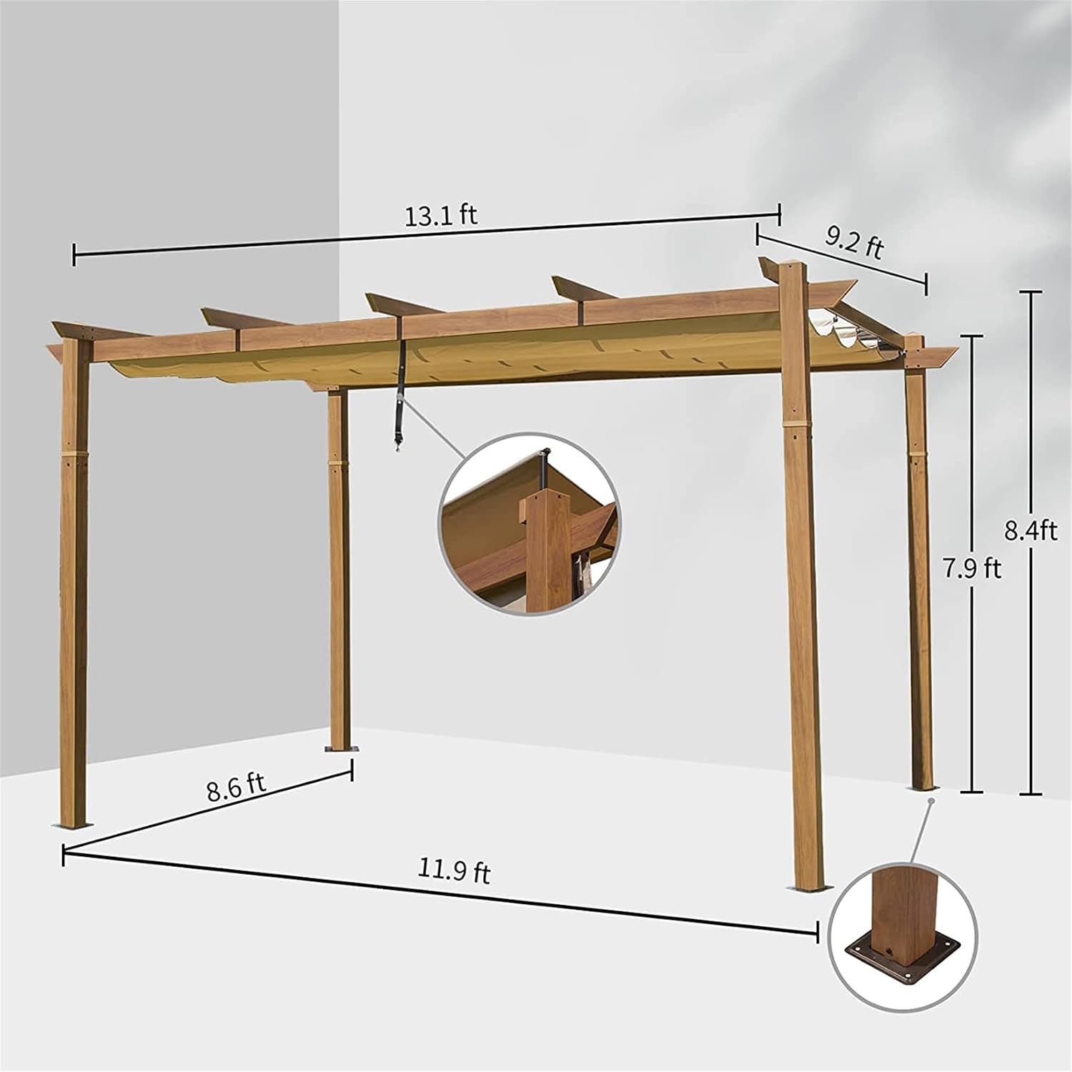 Pergola 9' X 13' Outdoor Retractable Metal Pergola with Canopy Patio Pergola with Shade Cover for Garden Pool Yard Pavilion Grill Gazebo Modern Pergola for Beach Deck, Yellow Brown+Khaki
