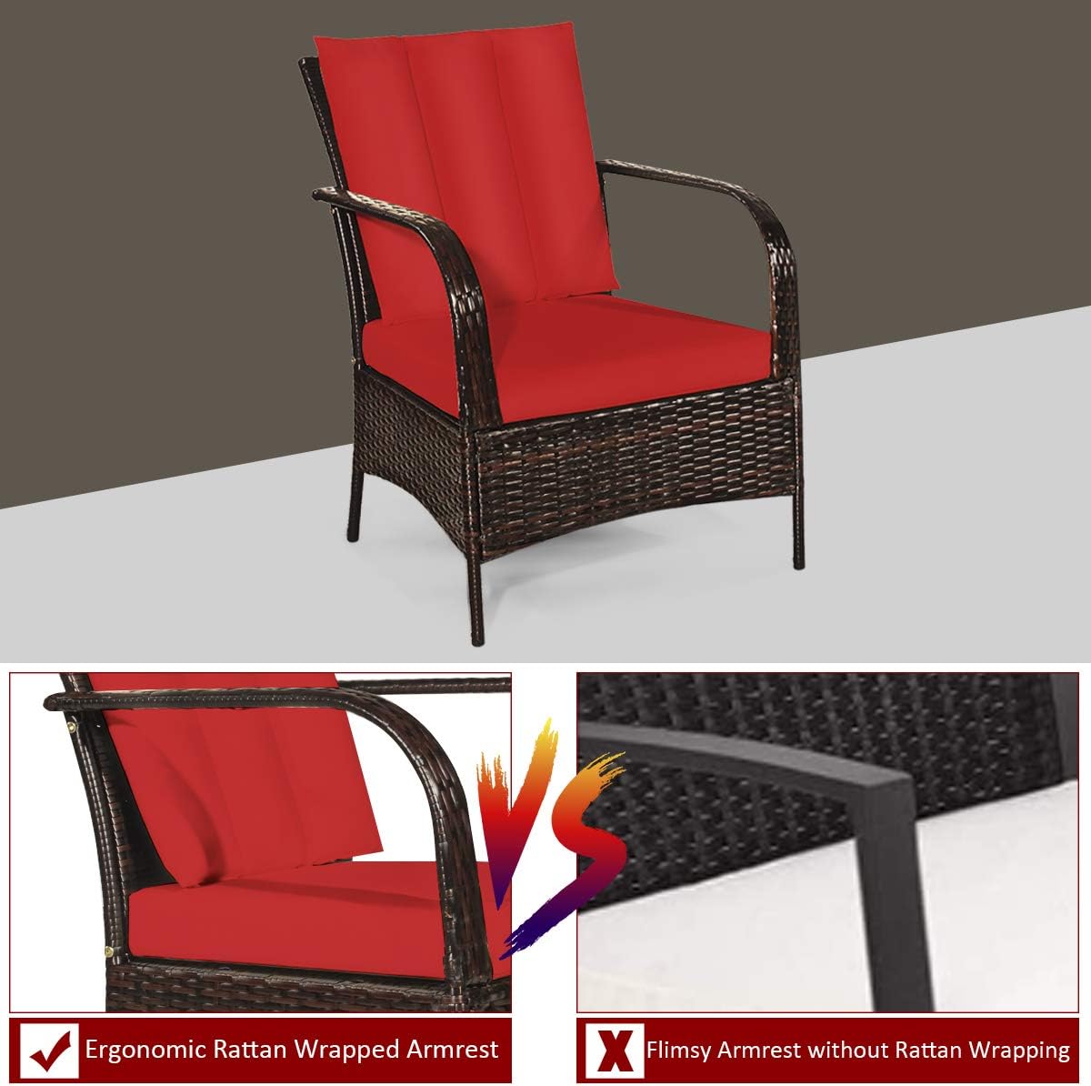 COSTWAY 3 Pieces Patio Rattan Furniture Set, Outdoor Conversation Chair Set with Coffee Table & 2 Cushions for Backyard, Porch, Poolside, Lawn, Garden, Red