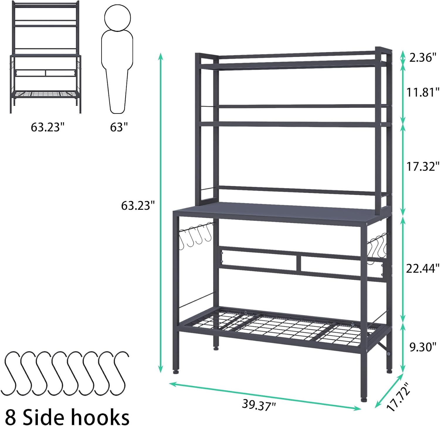 Outdoor Potting Bench Table with Storage, 63' Tall Metal Garden Workstation, 4-Tier Plant Stand Shelves with 8 Hooks, Heavy Duty All-Weather Potting Table for Patio, Backyard, Balcony, Gray