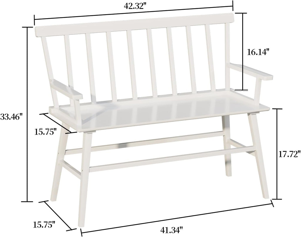 Dining Bench for Kitchen & Dining Room – Bamboo Wood Bench with Spindle Back & Armrests, Farmhouse Entryway Bench, Indoor Bedroom Bench, Versatile Entry Bench & Outdoor Bench Seating（White with Arm）